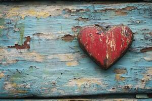 Red wooden heart resting on rustic blue painted wood background photo
