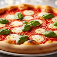 A pizza with cheese and basil leaves on top photo
