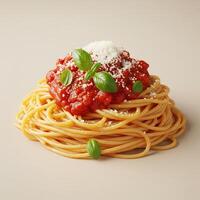 A spaghetti with tomato sauce and basil leaves photo