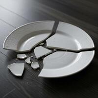 A broken plate on a table with a broken piece photo