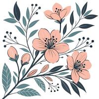 Elegant spring botanical illustration with soft peach flowers and deep teal leaves delicate berry accents and intricate branch details a natural floral design vector