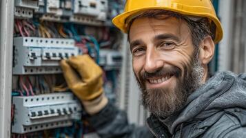 Smiling electrician wearing yellow hard hat and gloves, working on electrical panels. 3 photo