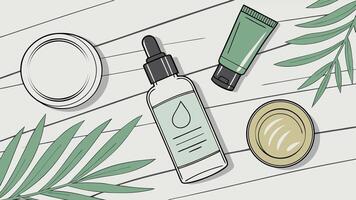 Eco Friendly Skincare Essentials Flat Lay Illustration Organic Beauty Products with Botanical Elements and Palm Leaves on Light Wooden Background vector