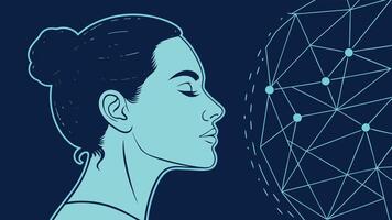 Woman contemplating futuristic digital network and global technology connections vector