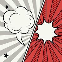 Comic book style pop art background with empty speech thought bubble and dynamic explosion burst template featuring radial lines and halftone dots vector