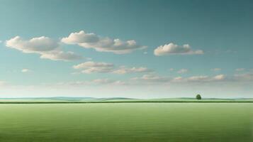 Serene green field under a pastel sky with fluffy clouds and distant tree photo