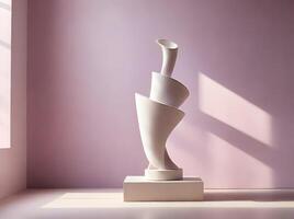 Modern White Sculpture on a Plinth Against a Soft Pink Wall with Window Light photo