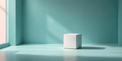 Minimalist teal room with a white cube bathed in soft, diffused sunlight photo