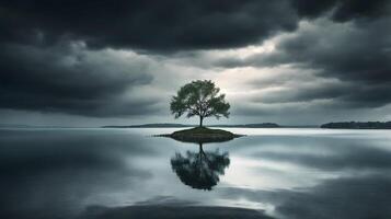 Solitary Tree on a Calm Lake Under a Stormy Sky photo