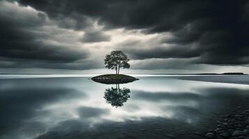 a lone tree is standing on an island in the middle of a lake photo