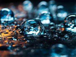 Teal Water Droplets on Dark Surface with Golden Highlights photo