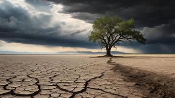 Lone Tree in a Cracked Desert Under a Stormy Sky photo