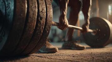 Man doing deadlifts with heavy barbell, chalk dust floating in the air. photo
