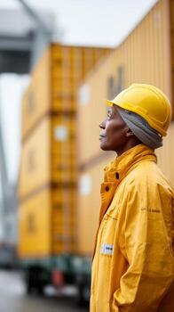 Worker wearing yellow hard hat standing in front of stacked shipping containers. photo