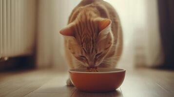 A cat eating from a bowl on a light background. 7 photo