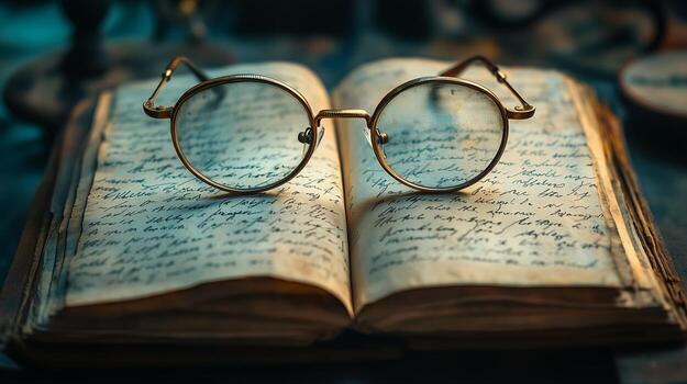 un par de Clásico con borde dorado gafas descansando en un resistido abierto diario. 18 foto