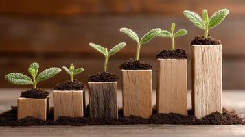 Seedlings growing along a rising bar graph made of soil. 3 photo