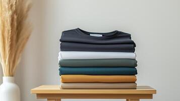 Stacks of neatly folded t-shirts, set against a minimalistic background. 7 photo