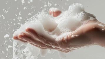 Foam being pumped into a wet hand. 8 photo