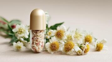 A fragrance capsule surrounded by flowers of chamomile. Clean product-style background. photo