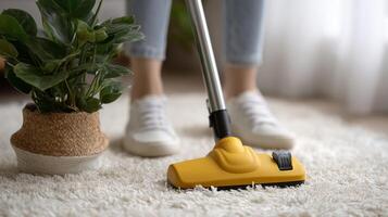 A woman vacuuming the floor in living room, modern furniture with bright rug and plants. photo
