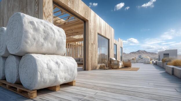 Insulation material being unloaded at a residential job site with wooden framing. 4 photo