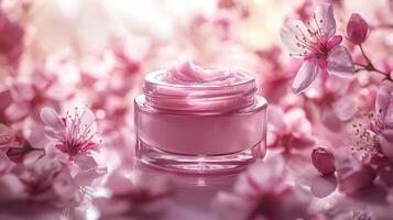 Pink cream jar with floral background photo