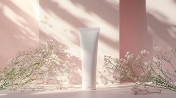 A tube-shaped body cream with some delicate flowers scattered around. 4 photo