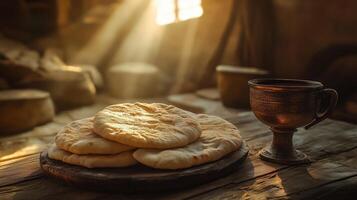 Ancient passover bread and wine in an antique cup, with golden hour lighting. 7 photo
