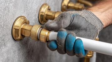 Gloved hands sealing white pipe into a golden coupling using plumber's tape and wrench. 4 photo
