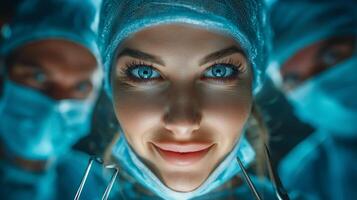 Surgical team finishing a successful procedure, looking at the camera. 3 photo