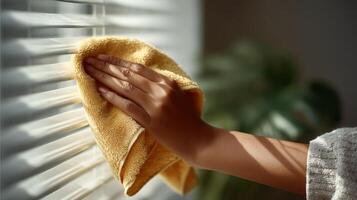 Person cleaning blinds with microfiber cloth, home office with sunlight filtering through slats. photo