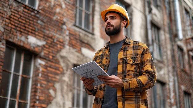 hombre en difícil sombrero participación tableta, comprobación Plano en digital dispositivo a construcción sitio. foto