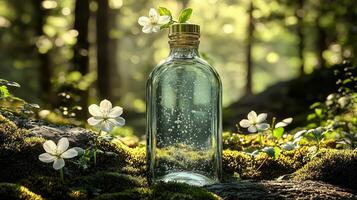 Glass bottle among moss and flowers photo