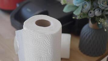 Paper towel roll on a table with flowers and a printer video
