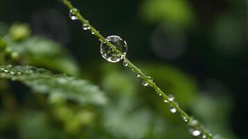 Macro Shot of Water Droplets on Green Stem with Blurred Background photo