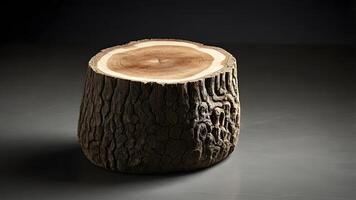 Polished Tree Stump with Intricate Bark Detail on a Dark Background photo