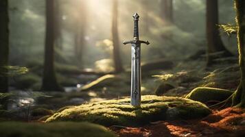 Medieval Sword Standing on Mossy Ground in a Sunlit Forest photo