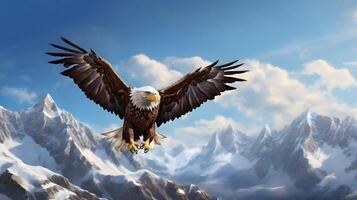 Majestic Bald Eagle Soaring Over Snowy Mountains Under a Bright Blue Sky photo