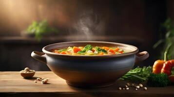 Hearty Vegetable Soup Steaming in a Rustic Bowl photo