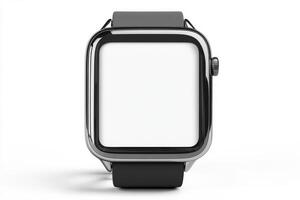 Shiny Smartwatch with Black Strap and Blank Screen on White Background photo
