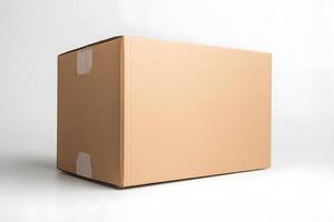 Isolated Cardboard Box on White Background with Tape Angled Perspective photo