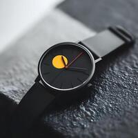 Minimalist Black Watch with Yellow Circle and Red Second Hand on photo