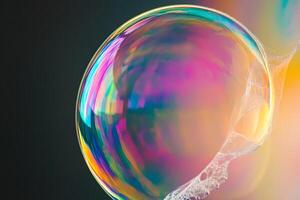 Iridescent Soap Bubble with Delicate Filaments Against a Dark Backdrop photo