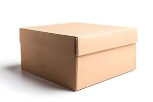 Simple cardboard box with lid on a white surface casting a soft shadow photo