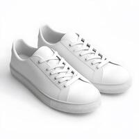 Crisp white sneakers with laces clean design on a bright white background photo