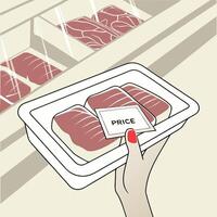 Hand holding a meat package with price tag at the grocery store while shopping for fresh food vector