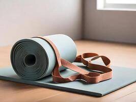 Rolled yoga mat with strap on wooden floor, ready for exercise photo