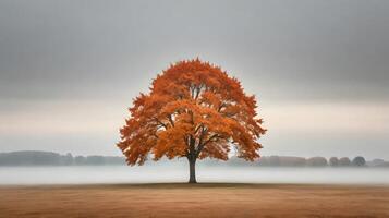 Majestic Autumn Tree Stands Alone in Misty Field with Orange Foliage photo