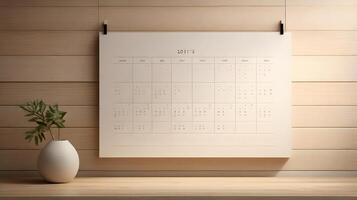 Minimalist Calendar Displayed with Plant and Wooden Background for Planning. photo